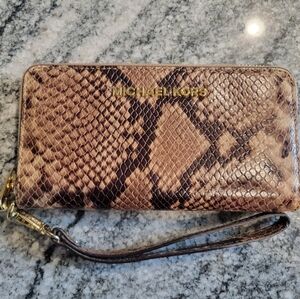 Michael Kors Snake-Embossed Brown Zip Wristlet Wallet